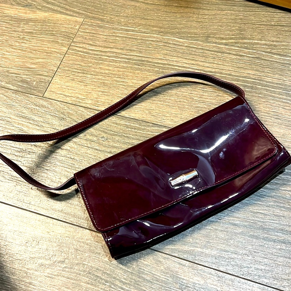 Longchamp burgundy patent leather shoulder bag with silver bamboo detail
